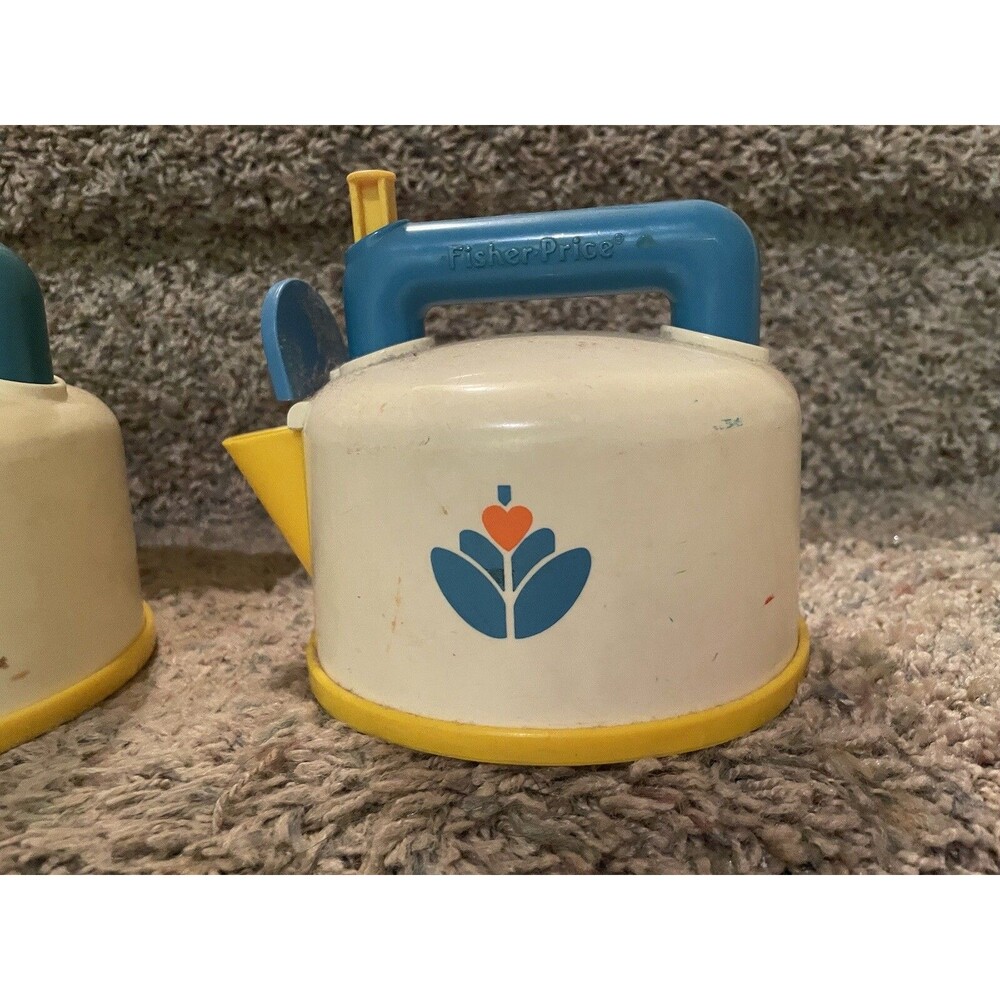 3 Vintage Fisher Price Whistling Tea Pot 1987 Kitchen Toys Kettle Made USA WORK